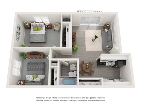 a stylized floor plan of a 1 bedroom apartment  at Park On Canal Apartments, Clinton Twp, MI, 48038